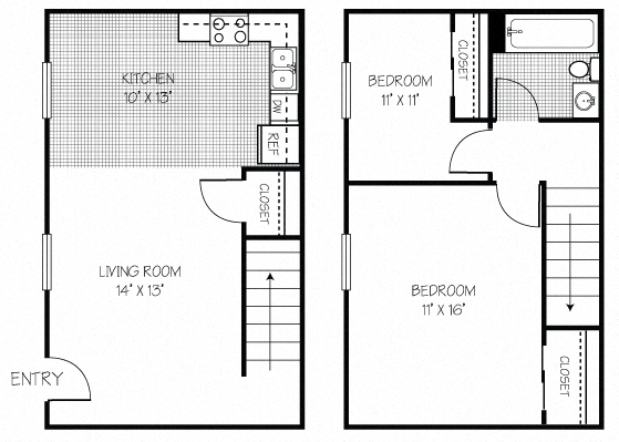 Floor plan for 2 beds, 1 bath, 406 sqft